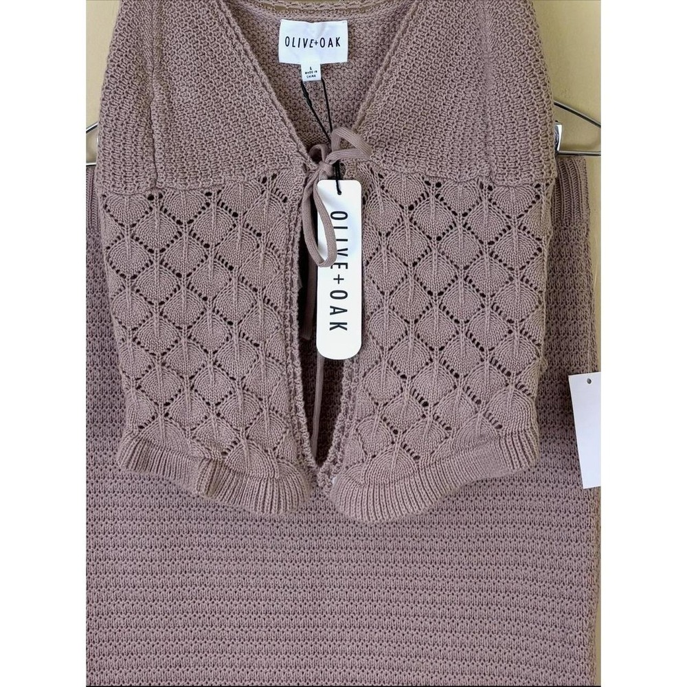 NWT Olive Oak Tan Crochet 2-Piece Set Knit Crop Tie-Front Tank & Maxi Skirt (L) - Picture 4 of 8